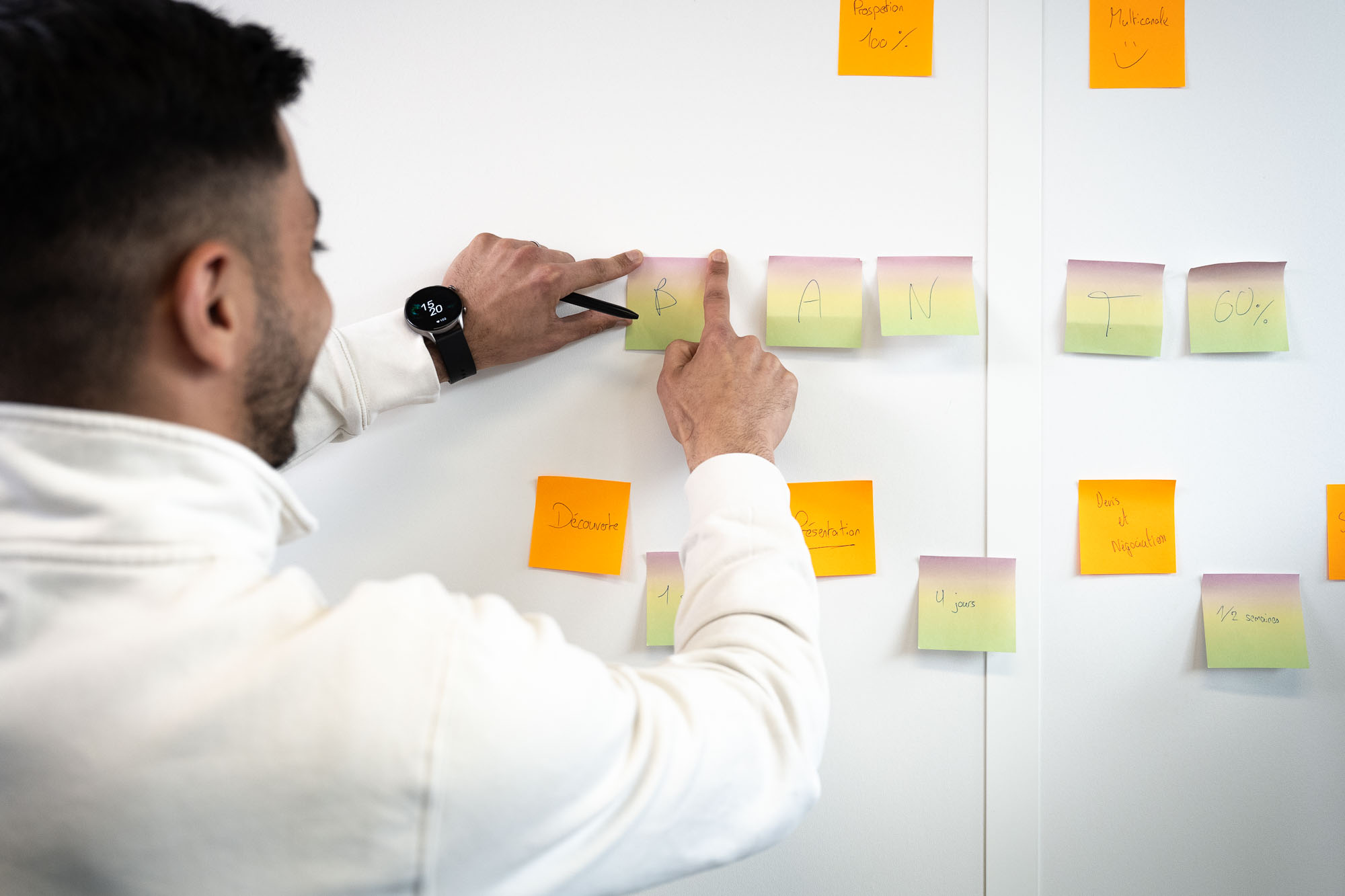 Groupe d’apprenants en activité de brainstorming à Rocket School